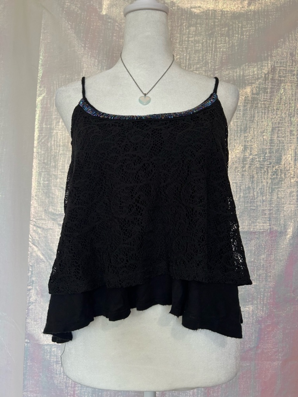 Charlotte Russe Black Layered Lace Camisole with Iridescent Trim